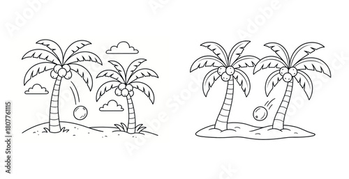 Black and white tropical palm tree sketch with falling coconuts