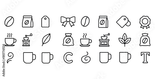 Minimalist coffee icon set with beans, cups, and accessories