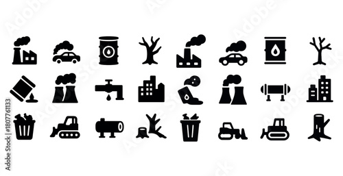 Environmental pollution icons set depicting factories cars waste and deforestation