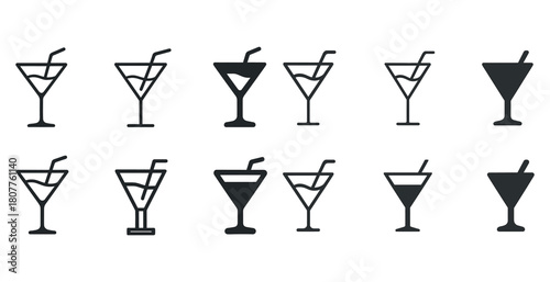Set of martini glass icons with straws in black silhouette style