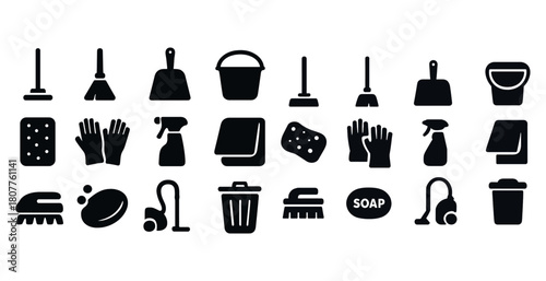 Cleaning tools and supplies icons set: mops, buckets, gloves, sprays, soap, vacuum, sponges, trash bin