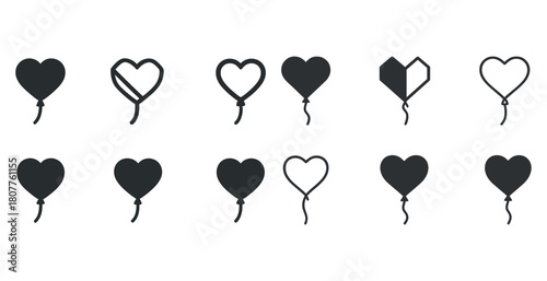 Set of heart shaped balloon icons in various styles