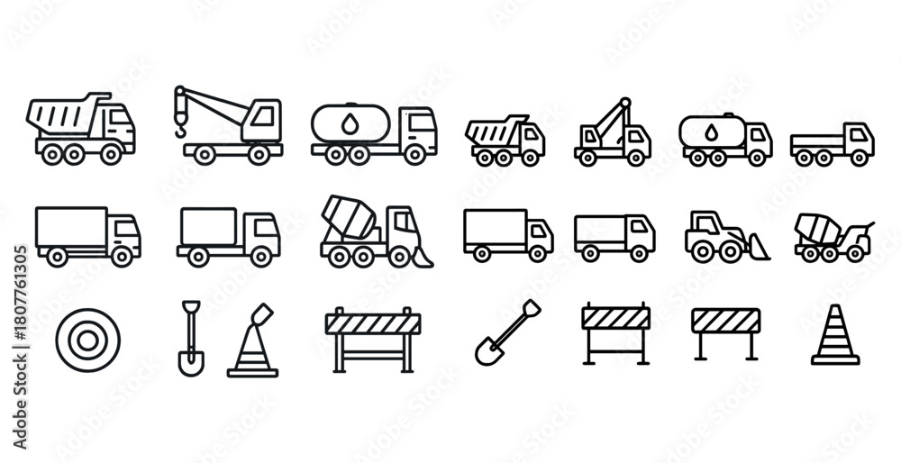Fototapeta premium Construction vehicles and tools icons: dump truck, crane, cement mixer, barrier, cone