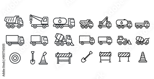 Construction vehicles and tools icons: dump truck, crane, cement mixer, barrier, cone