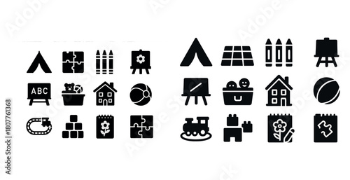 Variety of black silhouette icons representing education and playful activities