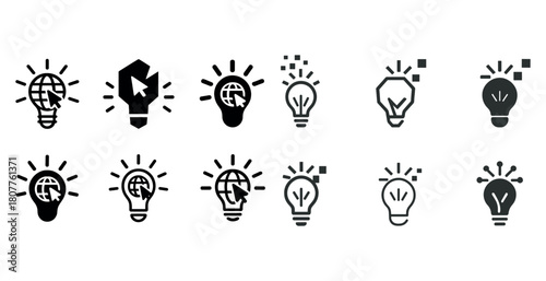 Digital innovation icons: lightbulb and cursor symbol variations