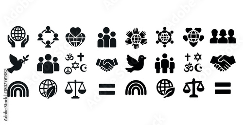 Icon set: global unity and peace symbols with diverse elements