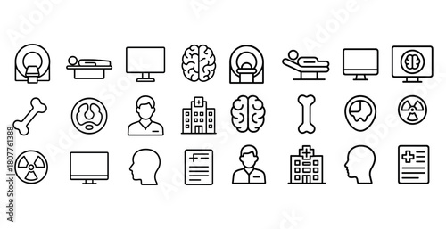 Medical diagnostics icons set: mri, hospital, brain, bone, radiation