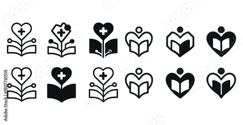 Medical and education icons featuring hearts and books in various styles