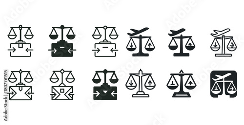 Set of twelve legal balance and transport icons in black and white
