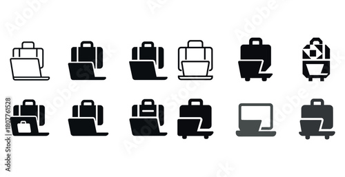 Laptop and briefcase icons: business travel essentials in various styles