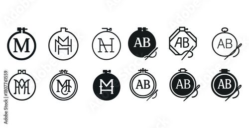 Set of monogram embroidery hoop icons featuring various letters and designs