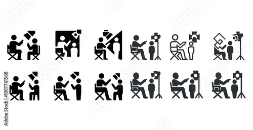Icon set of photography sessions highlighting photographer and subject posing