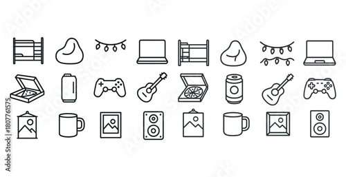 Line art icons set: technology, music, food, and home comforts
