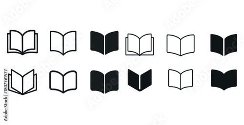 Set of black and white open book icons for design and education projects