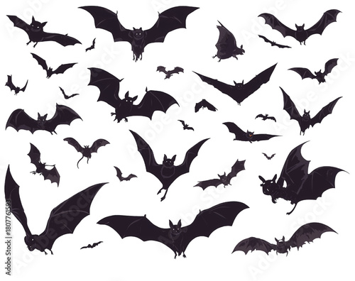 A large collection of black flying bat silhouettes for Halloween.