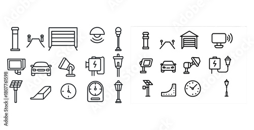 Set of smart city icon illustrations including cars, streetlamps, and solar panels
