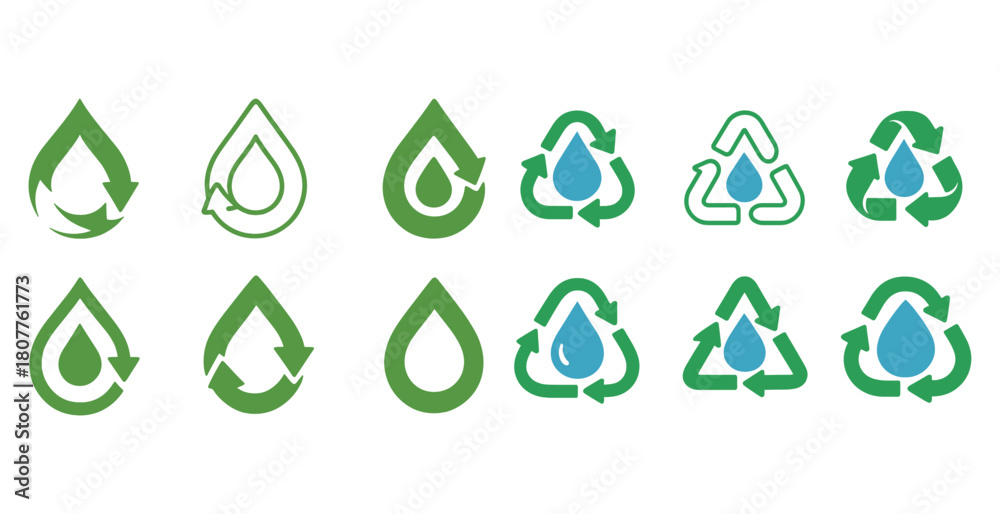 Obraz premium Water and recycling icons set: green and blue environmental symbols
