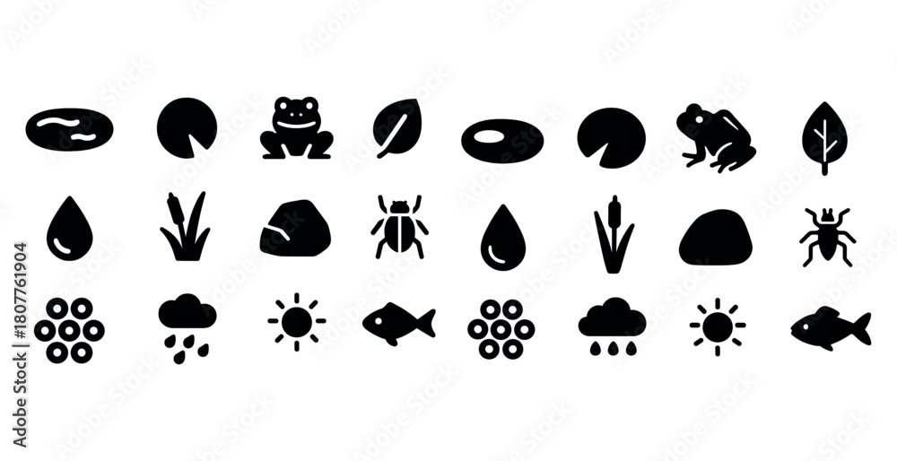 Fototapeta premium Pond icons collection featuring frogs, insects, plants, and weather symbols