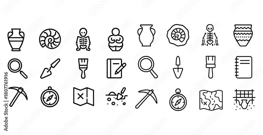 Naklejka premium Archaeology icons: tools, artifacts, and fossils in simple line art