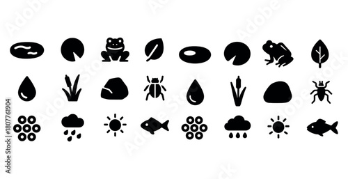 Pond icons collection featuring frogs, insects, plants, and weather symbols