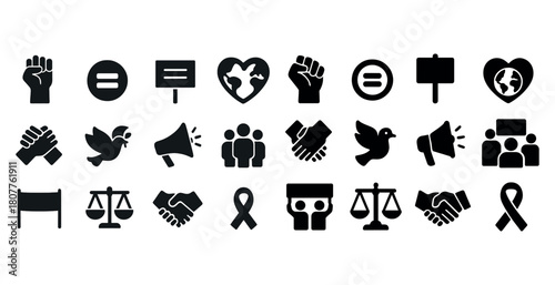 Set of human rights icons: peace, equality, freedom, justice, unity
