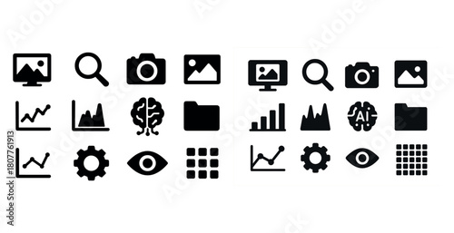 Black and white technology icons for data analysis and ai visualization
