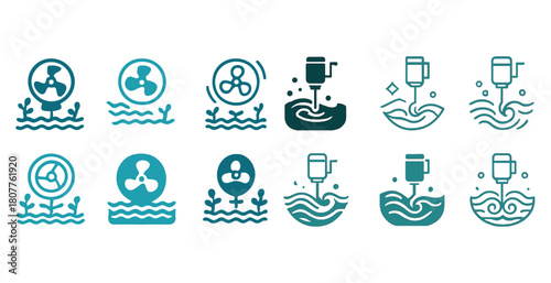 Collection of water aeration and circulation icon designs in various styles