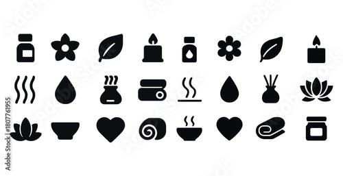 Set of aromatherapy icons: candles, leaves, flowers, oils, and heart shapes