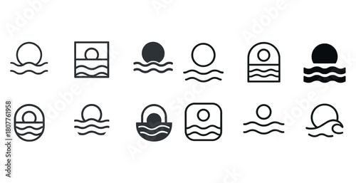 Minimalist sunset icon collection with waves in black and white design