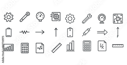 Engineering and mathematics icon set featuring tools and graphs