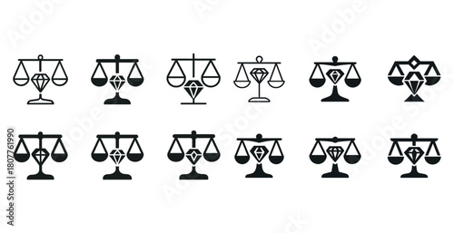 Set of justice scale icons with diamond designs in black and white