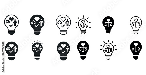 Set of legal and medical icon lightbulbs: heart, scales, person silhouettes in black and white