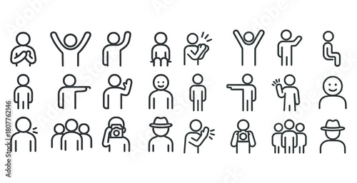 Simple line illustrations of human figures in various poses and actions