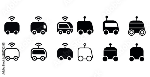 Set of autonomous delivery robot icons with antennas and wheels