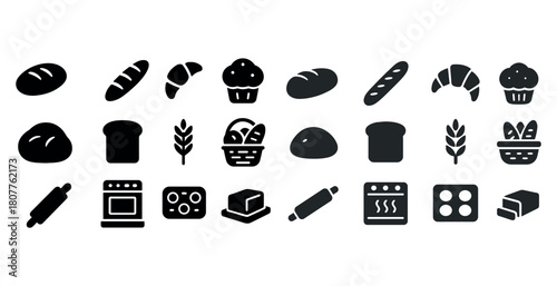 Bread and bakery icon set featuring baked goods and kitchen tools