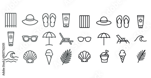 Summer beach icons: sun, hat, sunglasses, umbrella, sea, shell