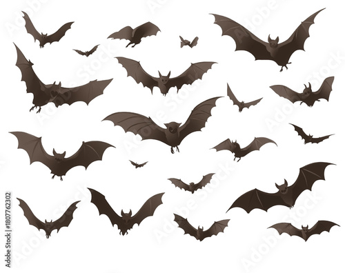 A large collection of flying bat silhouettes on a white background.