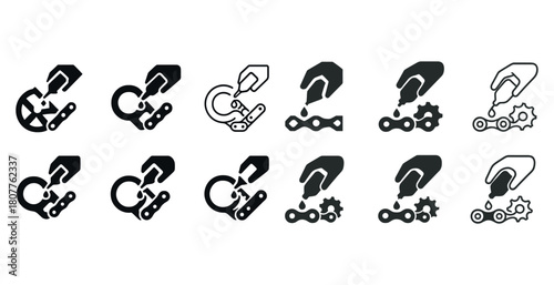 Collection of bicycle chain repair icons illustrating maintenance and gear adjustment techniques