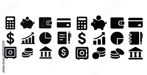 Financial icons set: calculators, piggy banks, wallets, and graphs in black and white