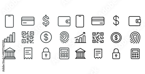 Financial and security icon set featuring wallet, qr code, and dollar sign