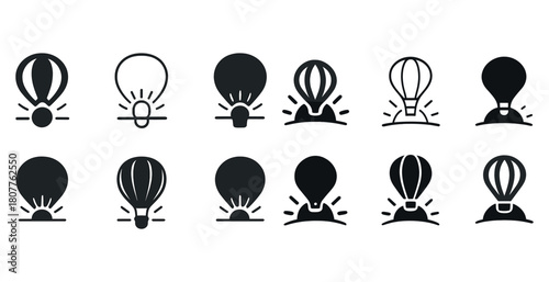 Set of twelve creative hot air balloon and light bulb icons in black silhouette