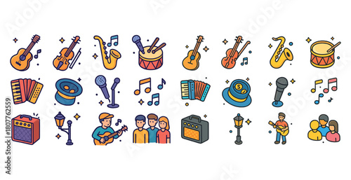 Colorful music instrument icons set with instruments, musicians, and symbols