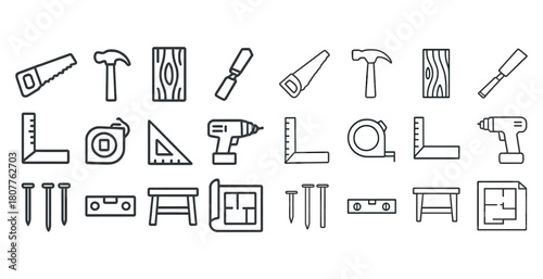 Outline icons of carpentry and construction tools including saw, hammer, drill, and measuring tape