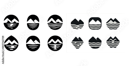 Monochrome mountain and water logos in circular and angular designs