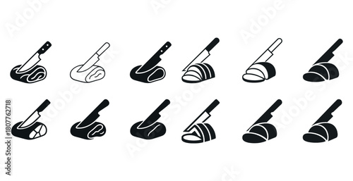 Knife and meat icon set with various cutting styles in black and white