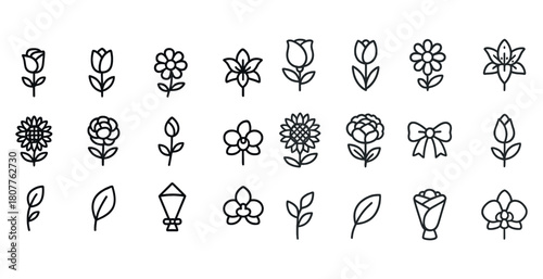 Collection of minimalist flower and plant icons in black and white