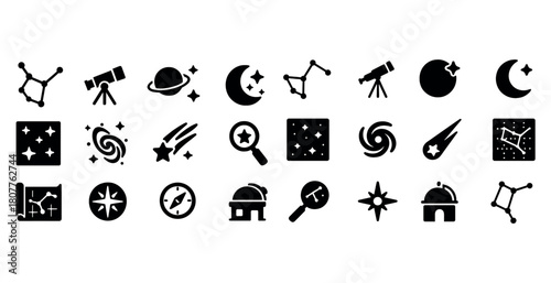 Astronomy icons set: stars, telescopes, constellations, moon, galaxy, planet, space