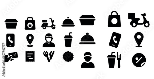 Collection of delivery and food service icons in black silhouette style