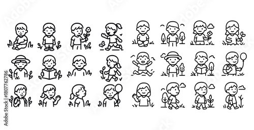 Cute cartoon kids engaging in outdoor activities